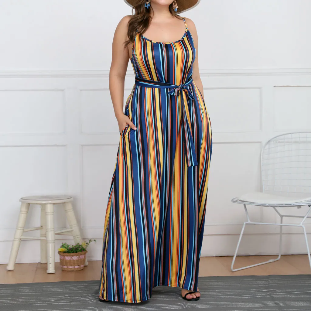 

Sundress Plus size stripe print women dress Sexy lac-up spaghetti strap summer dress Ruched high waist long maxi dress Vestidos