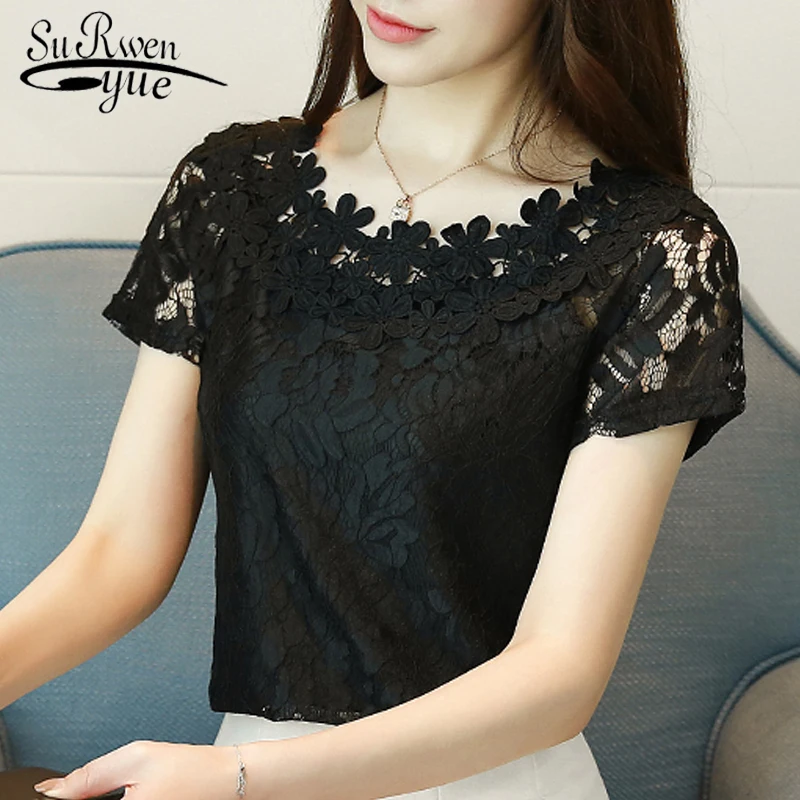 

summer 2018 fashion lace women shirt blouse sexy hollow out lace women's clothing short sleeve white women's tops blusas D698 30