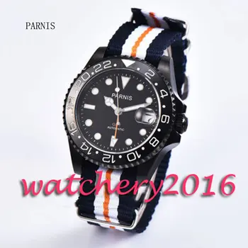 

40mm Parnis black dial black ceramic bezel Luminous marks white numbers sapphire glass GMT black PVD case Automatic Men's Watch