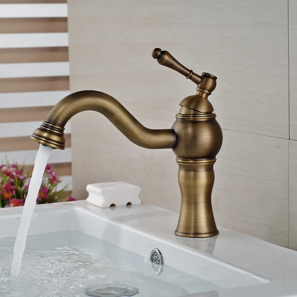 Wholesale And Retail Luxury Antique Brass Waterfall Spout Bathroom Basin Faucet Single Handle