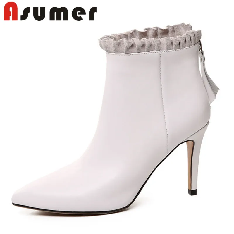 

ASUMER NEW 2018 pointed toe ruffles ankle boots for women solid simple sexy high heels boots zip adult genuine leather boots