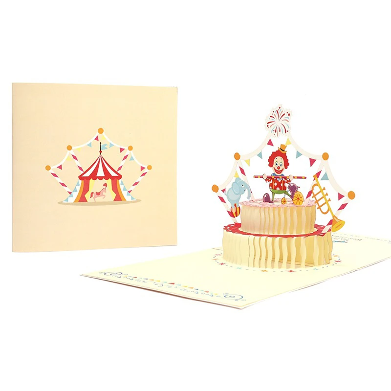  3D Handmade Rainbow Color Cartoon Funny Clown Cake Paper Greeting Cards + Envelope Kids Girlfriend  - 32913575030