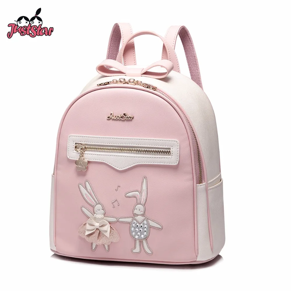 JUST STAR Women s Backpack Female Cartoon PU Leather Embroidery Cartoon Rabbit Double Shoulder Bags Ladies