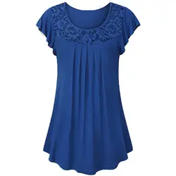 Летняя синяя модная блузка blusa Женская однотонная кружевная Лоскутная Блузка с рюшами Топы с коротким рукавом рубашка blusas #5
