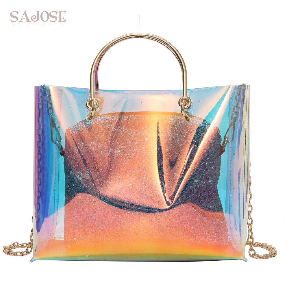 

Transparent Hologram Laser Messenger Bag Women Blue 2 Sets Jelly Lady Shoulder Bag Female Harajuku Big Tote Girl Handbags Bolsas