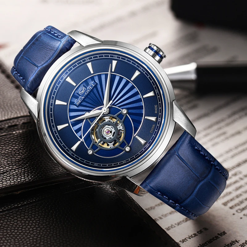 SEA GULL Business Watches Men s Mechanical Wristwatches Blue Simple 30m Waterproof Leather Buckle Silver Gold 2