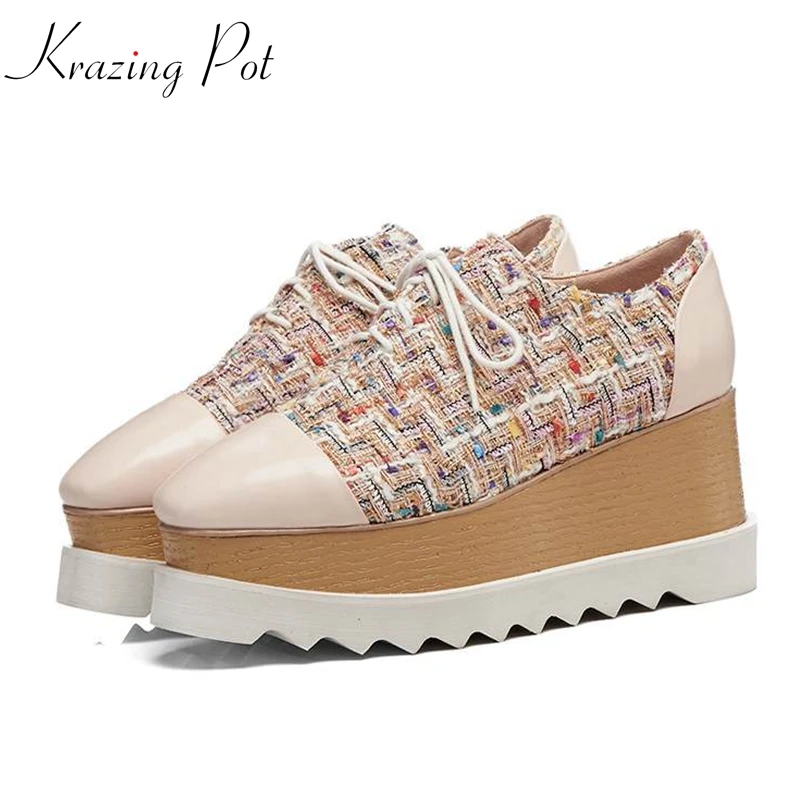 

Krazing Pot cow leather knitting decoration increased princess fairy lace up mixed color wedge British style long leg shoes L60