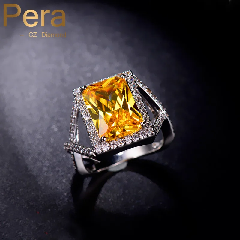 Pera Роскошные Большие массивные квадратные кубические циркония желтый камень проложить серебряный цвет ювелирные изделия Модные вечерние женские кольца R056