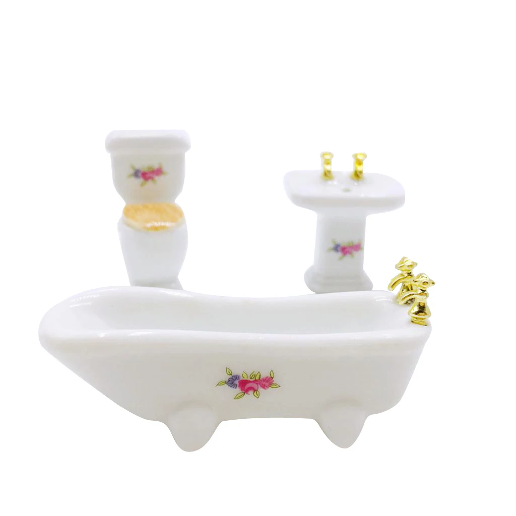 1/24 Vivid Dollhouse Miniature Bathroom Set Ceramic Bathtub Toilet Wash-basin Doll Porcelain Bathtub