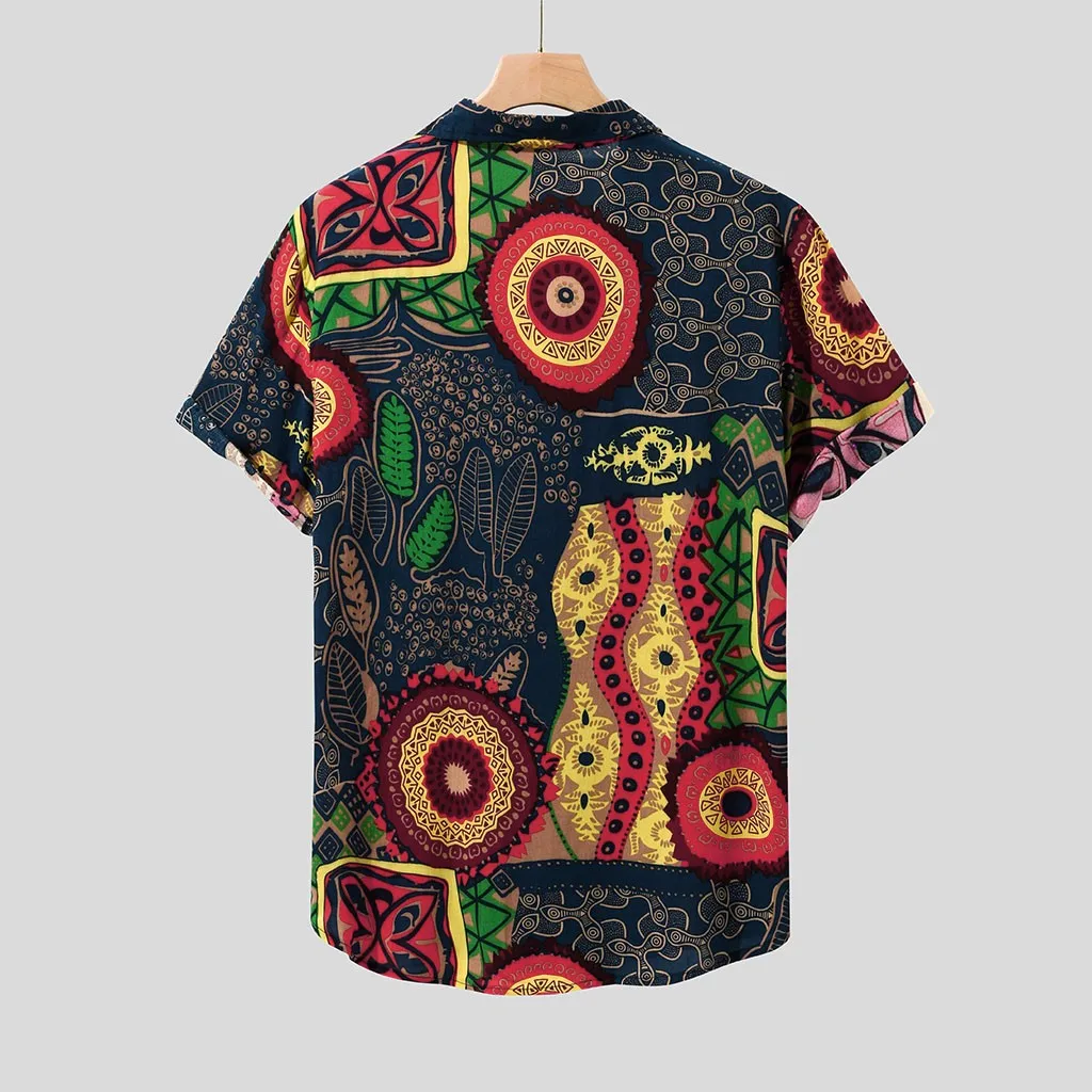 Hot sale New Summer Men Shirts Vintage Ethnic Printed Turn Down Collar Short Sleeve Loose Casual Tops camisas hombre