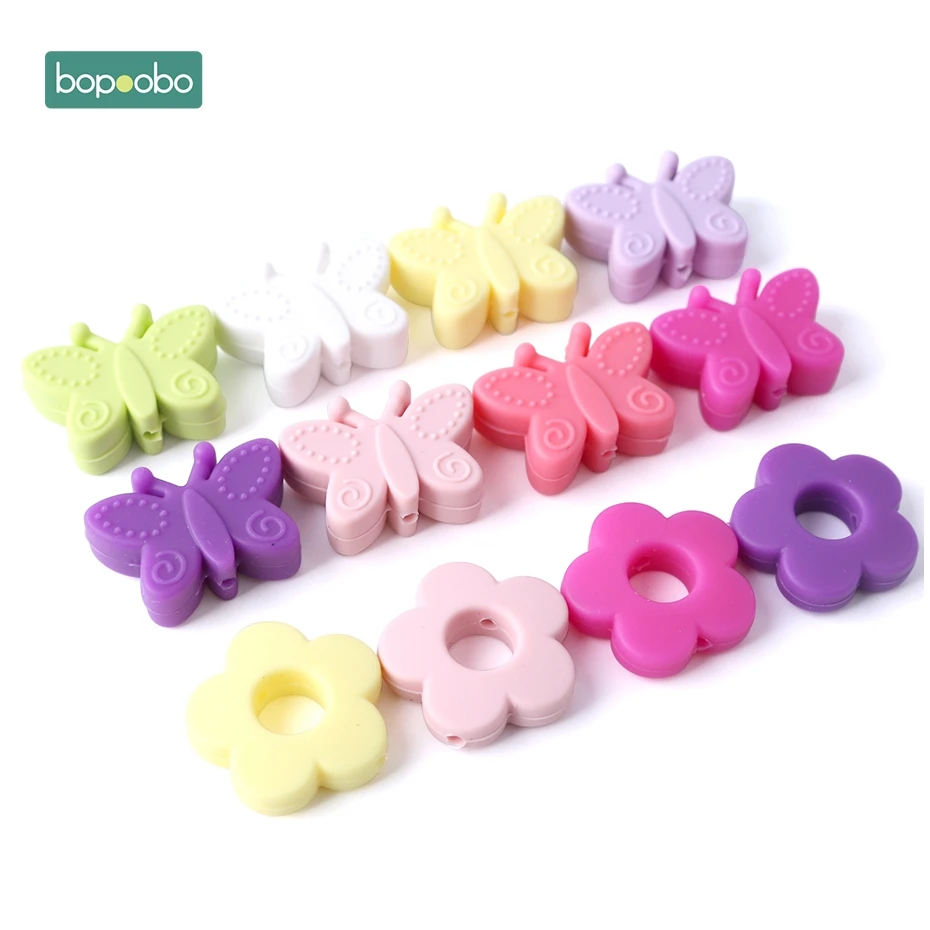 Bopoobo 10pc Silicone Butterfly Teether For Teething DIY Silicone Beads BPA Free Flower Beads For Baby Teether