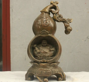 

Chinese Folk HandMade Brass Bronze Statue Lucky Gourd Maitreya Buddha Sculpture