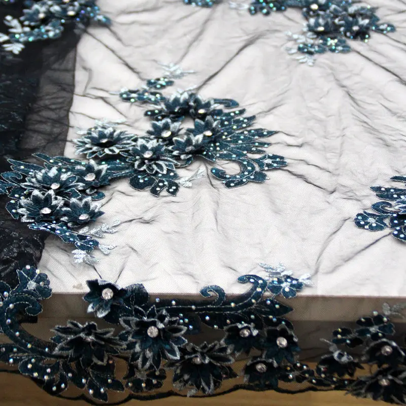 5yards 3D lace fabric with big diamond and rhinestones,navy blue french lace fabric for haute couture dress QG088