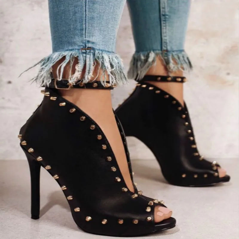 

2019 new fashion rivets fish-beak women's boots fine heel buckle show thin high-heeled high-heeled boots ankle boots for women