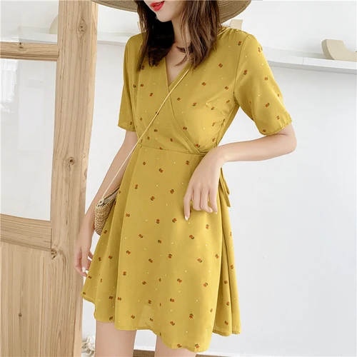 

Woman Korean New 2019 A-line Bow Fashion Summer Dress High Waist V Neck Loose Print Dresses Brief Vintage Vestido