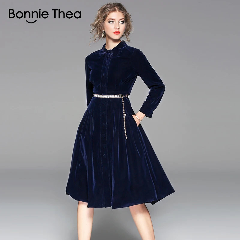 Bonnie Thea, осенне-зимнее женское синее бархатное платье, модное повседневное теплое элегантное платье, женское вечернее платье, vestidos