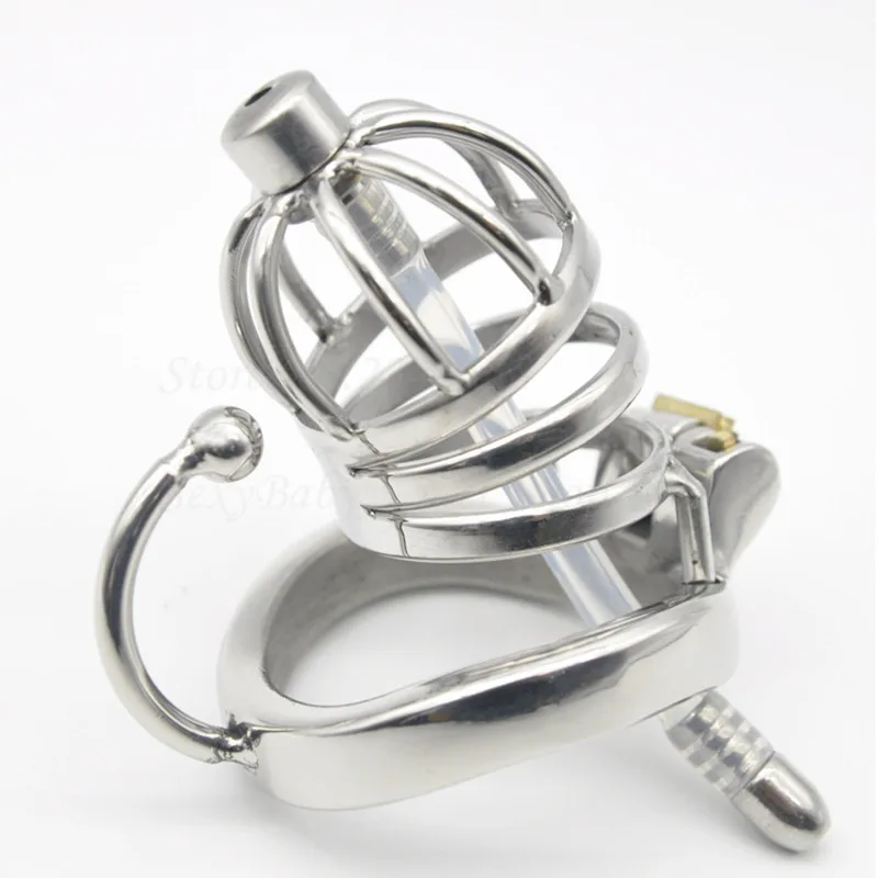 304 Stainless Steel Male Chastity Devices,Cock Cage With Base Arc Ring Urethral Catheter ,Cock Rings,Penis Lock Sex Toys For Men