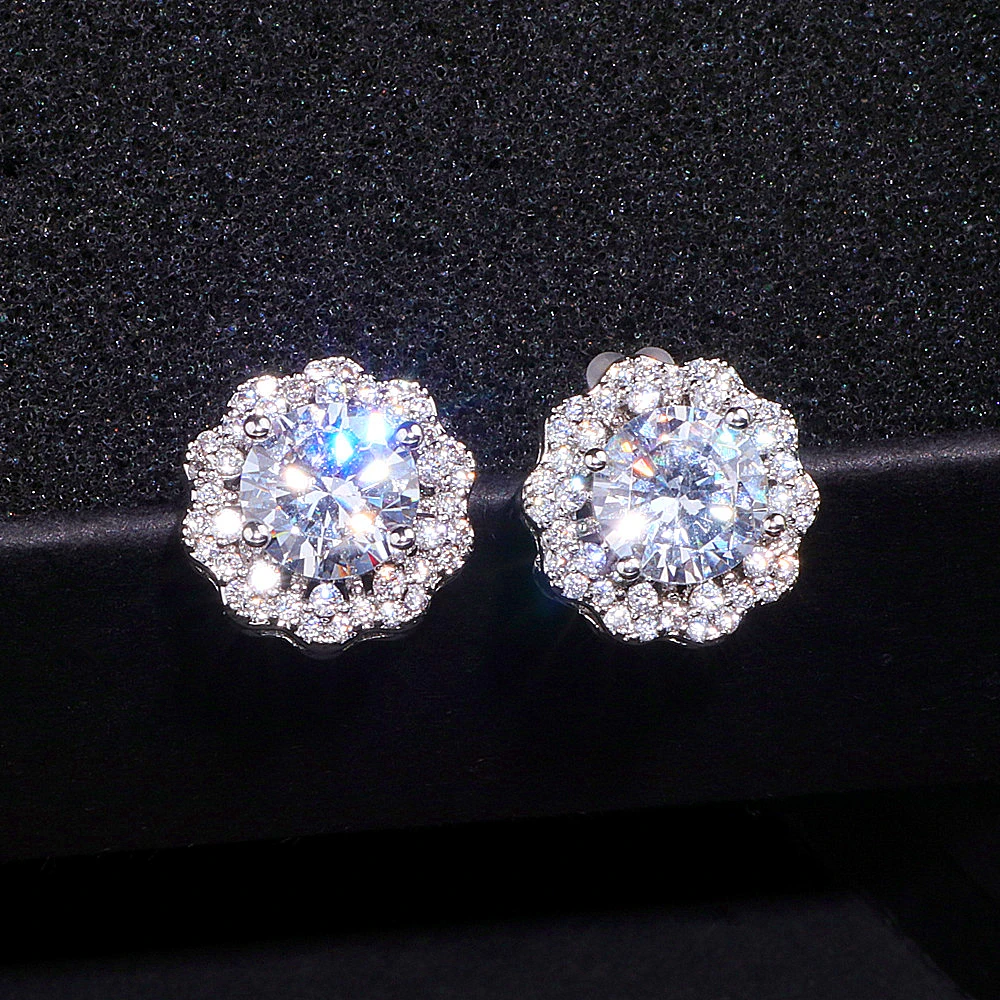 Round Flower Design AAA CZ Crystal Stud Earring for Wedding Romantic Jewelry for Women