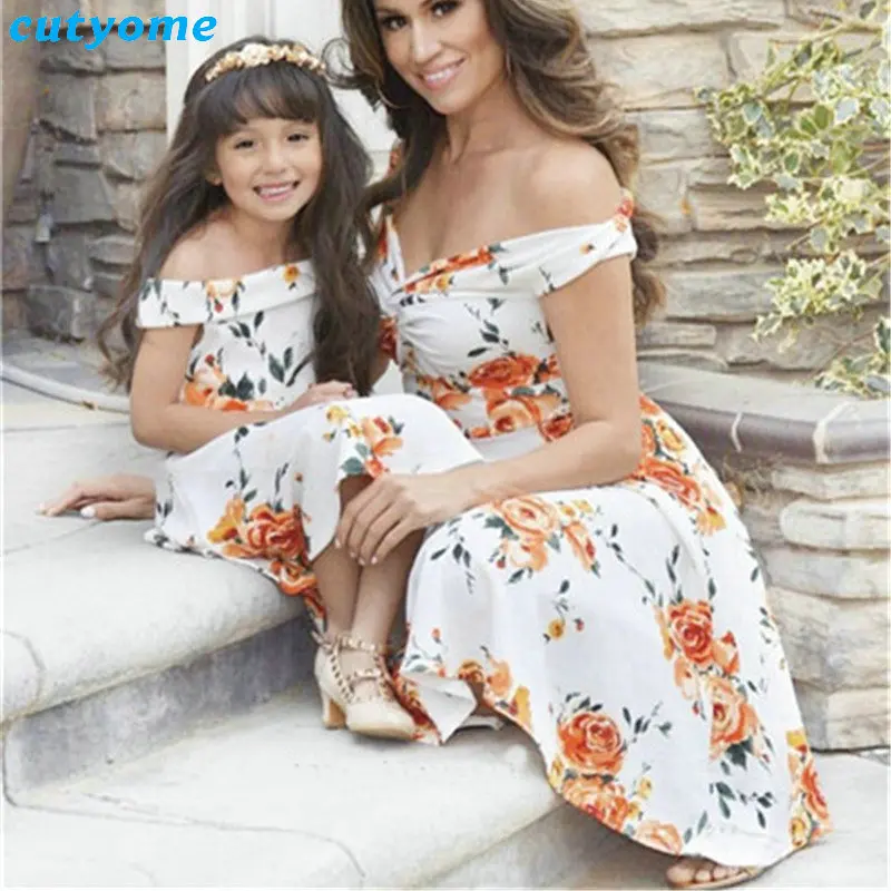 Summer Family Matching Outfits Mother and Daughter Dresses Floral Shoulder Off Dress Kids Mom Daughter Dress Matching Clothes (19)