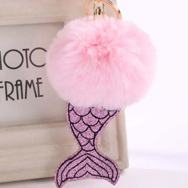 

Mermaid Tail Keychain PU faux Rabbit Fur Pom Key Chain Bulb Bag pom pom Ball Pendant Car phone Holder Bag Key ring Jewelry Women