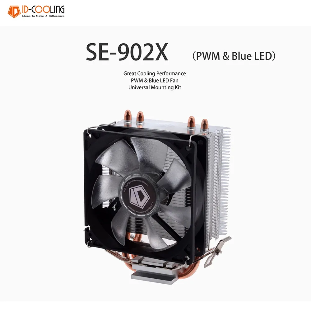 ID-COOLING SE-902X PWM кулер для процессора, высокая производительность охлаждения с 2 тепловыми трубками прямого касания, 92 мм вентилятор, синий светодиодный, для Intel& AMD