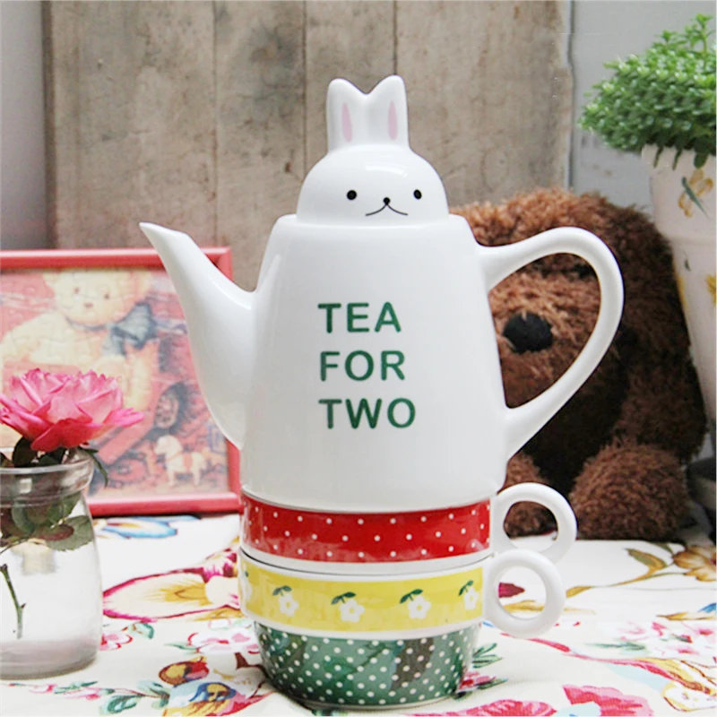 Cute Small rabbit head cover tea for two ceramic teapot with 2 cup