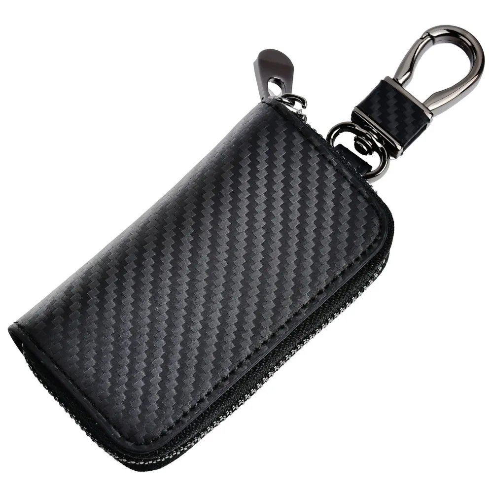 

Kinzd Black Car Key Holder Leather Car Key Chain Coin Holder Carbon Fiber Zipper Key Case Pocket Wallet