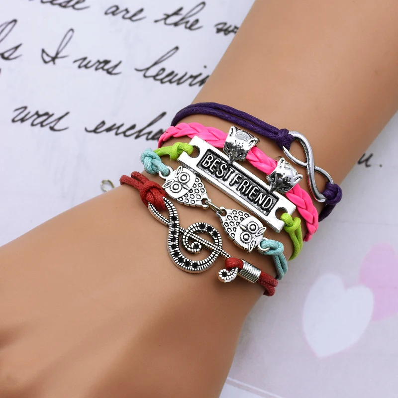 

Colorful Woven Bracelet Silver Fox&Owl&Musical Note Combination Bracelet PU Leather Wax Line