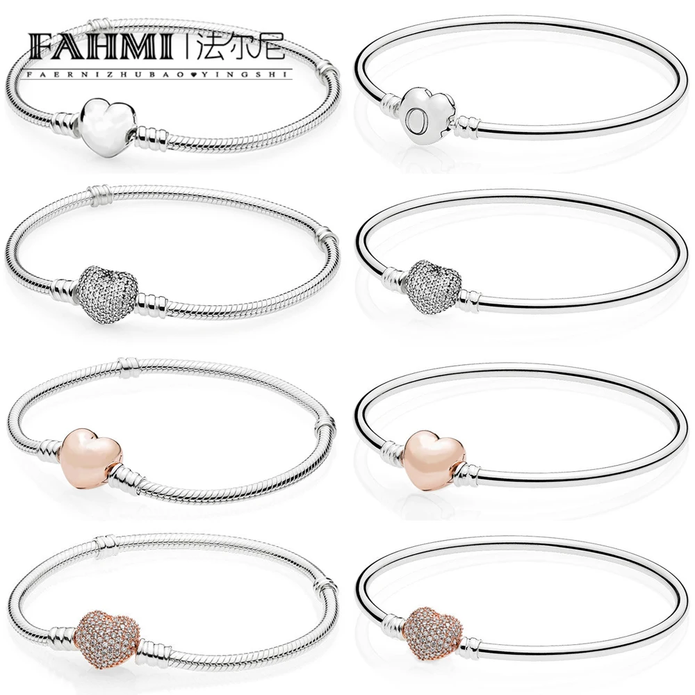 

FAHMI 100% 925 Sterling Silver Heart-Shaped Basic Bracelet DIY Beaded Jewelry Gift Factory Direct Sales