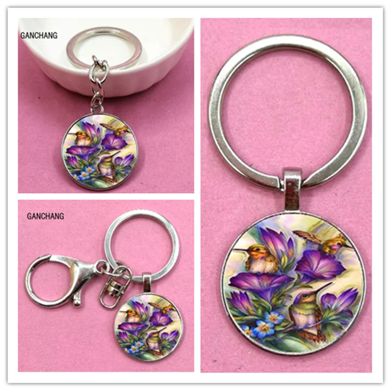 

keychain hummingbird photo Tibet silver convex round glass pendant key ring bracket