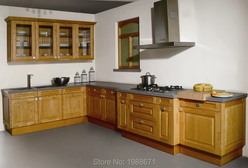 En forma de L madera de arce gabinetes de cocina diseños cocina de madera maciza precios de la pared de vidrio del gabinete del Panel para la venta|kitchen oven|kitchen cabinet