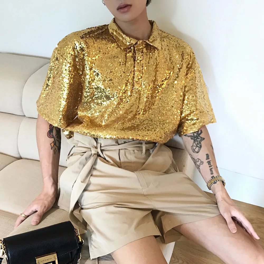 

Homemade sequins sparkle gold European and American loose-fitting men's and women's fashion short sleeve T-shirt