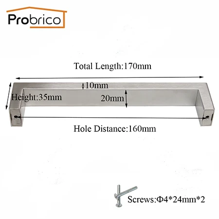 Probrico квадратные ручки для шкафа 20 мм Ширина нержавеющая сталь кухонные дверные ручки для ящиков платяного шкафа 96 мм-320 мм мебельные ручки 1 шт - Цвет: Hole Space 160mm