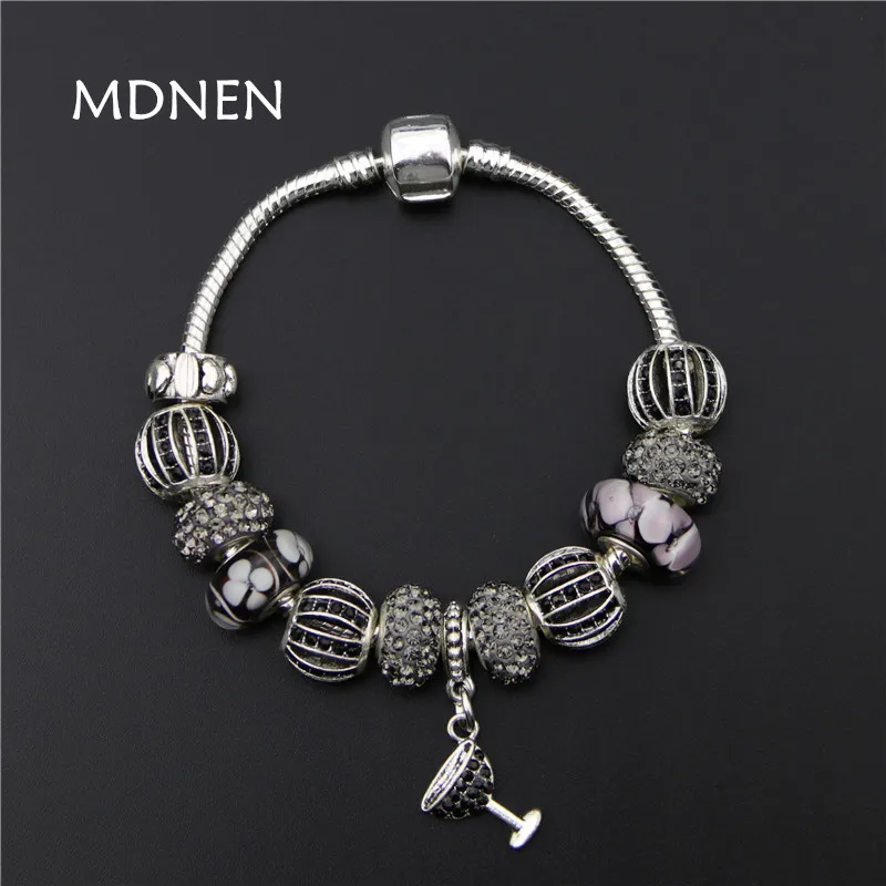 

MDNEN Black Crystal Beads Vintage Silver plated Cup Pendant DIY Charm Pan Bracelets & Bangles For Women Fashion Gift BYBR030