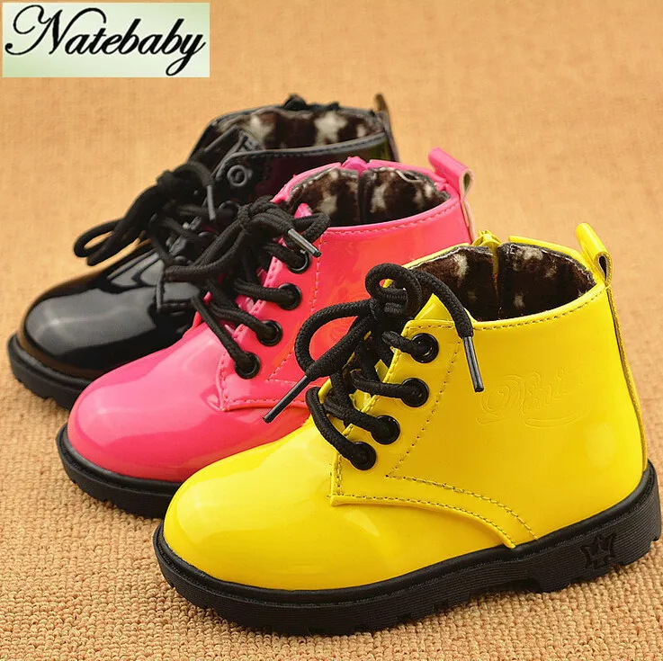2016 Winter new design high grade children martin boots solid color patent leather baby shoes NG0525