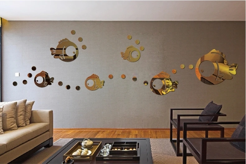 Акриловая Зеркальная Наклейка на стену с изображением рыбы и пузырьков для