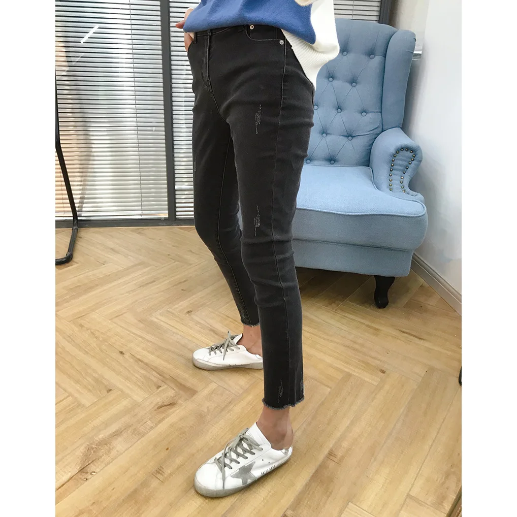 

Cigarette Grey Gripping Whisker Trousers Foot High Waist Elastic Nine Pants Fake Zippers Fly Ankle-Length Pants Women Jeans