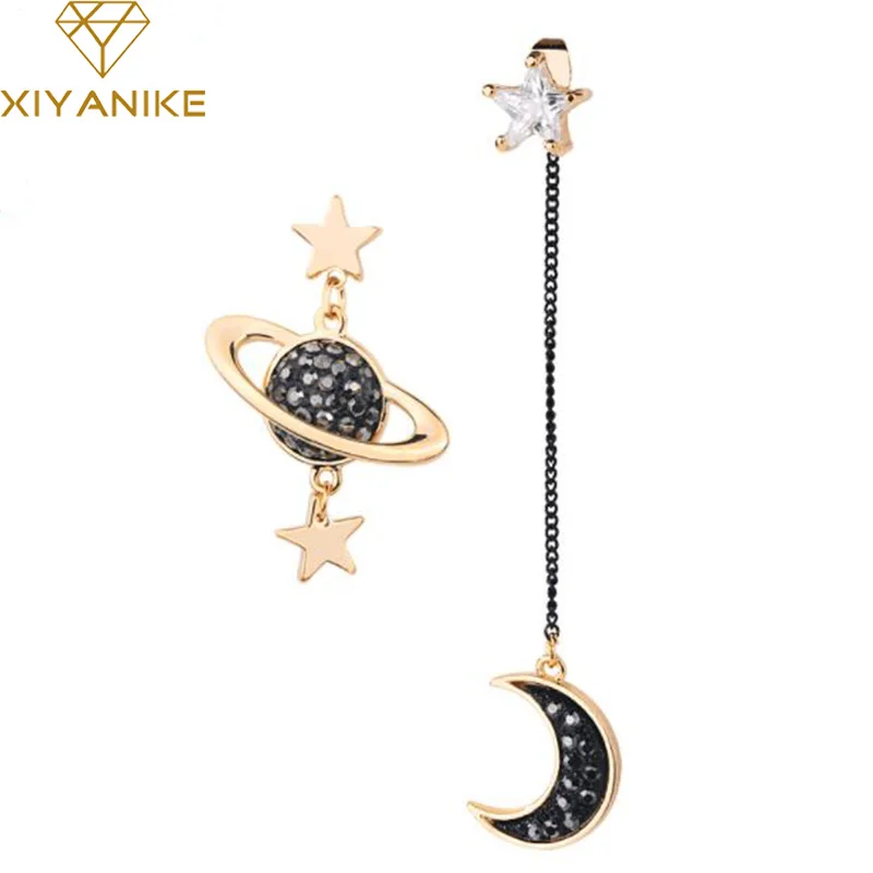 

XIYANIKE New Design Asymmetric Earrings For Women Moon Star Planet Pendientes Trendy Bijoux Rhinestone Hot Christmas Gifts E354