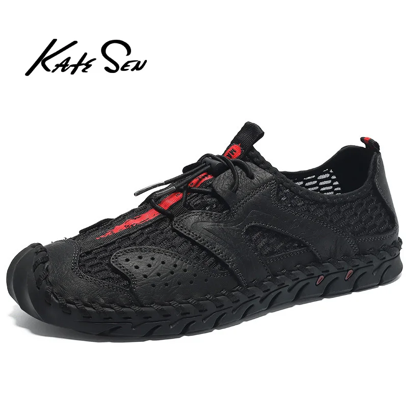 

KATESEN 2019 summer breathable mesh sandals outdoor leather beach men's shoes slip easy to wear flat shoes Roman style shoes