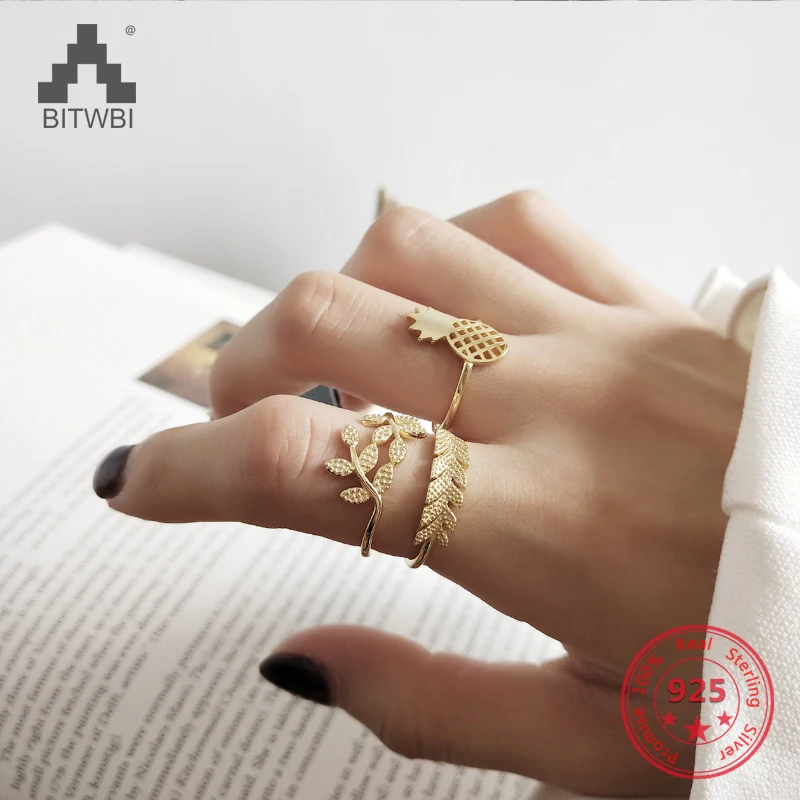 

Korea New Design S925 Sterling Silver Simple Fashion Gold Leaves Pineapple Open Flexible Ring Jewelry for Women