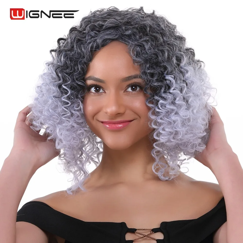 

Wignee Afro Kinky Curly Synthetic Wig For Women 2 Tone Ombre Light Grey Wig High Temperature Heat Resistant Africa American Hair