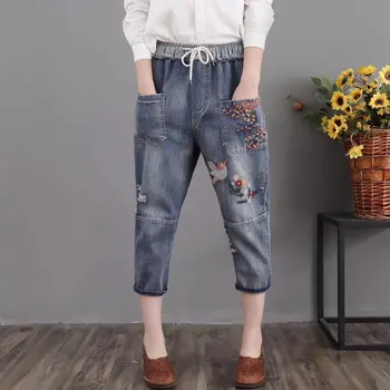 

new product national style tight waist embroidery flower and bird jeans seven pants women loose show thin cavernous trousers