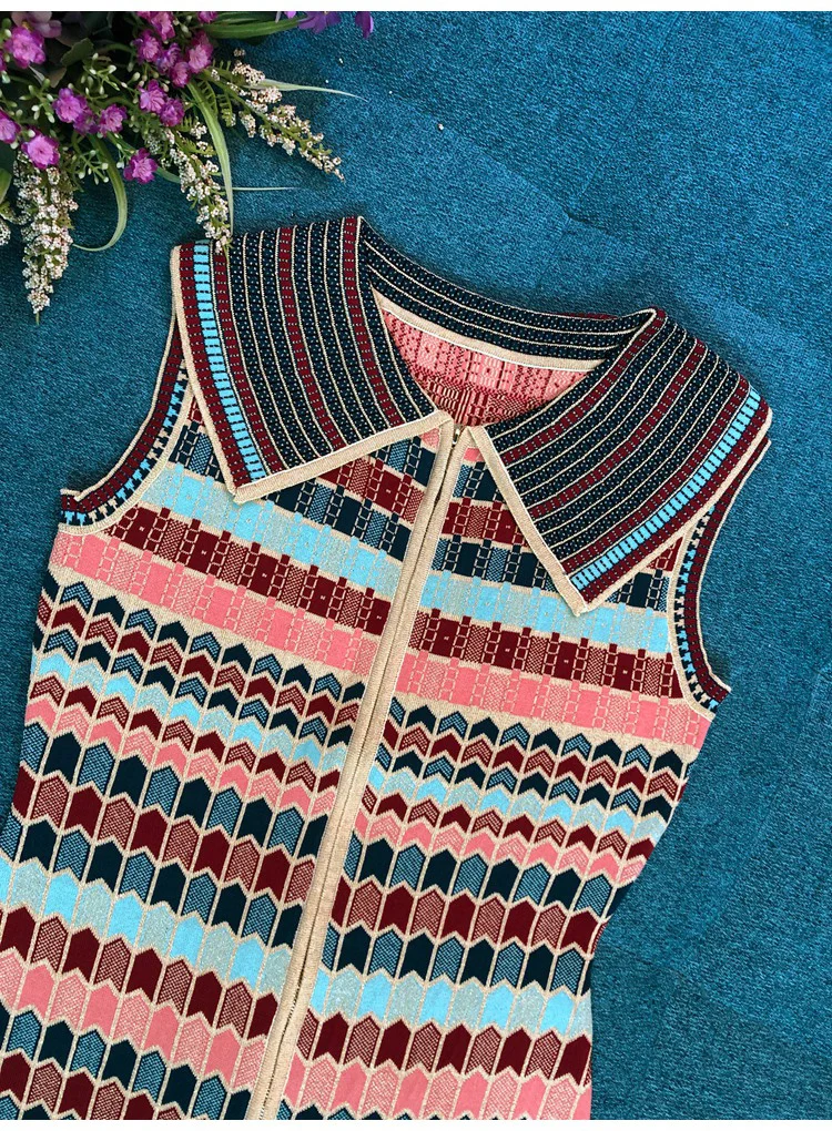 Роскошное Брендовое дизайнерское вязаное платье для женщин Винтажный геометрический воротник Питер Пэн без рукавов трикотажное платье