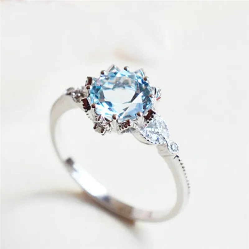 Light Blue CZ Stone Flower Finger Ring Engagement Band
