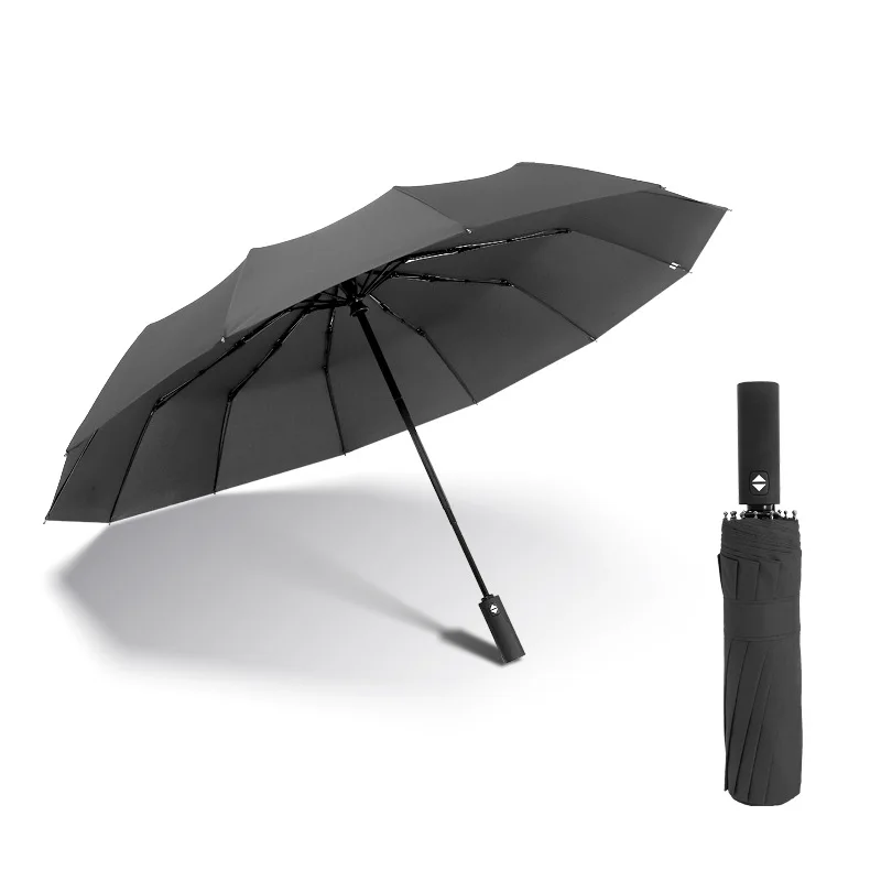 

High quality Fully-automatic 3 Folding Male Commercial Compact Large Strong Frame Windproof 12 Ribs Gentle Black Umbrellas