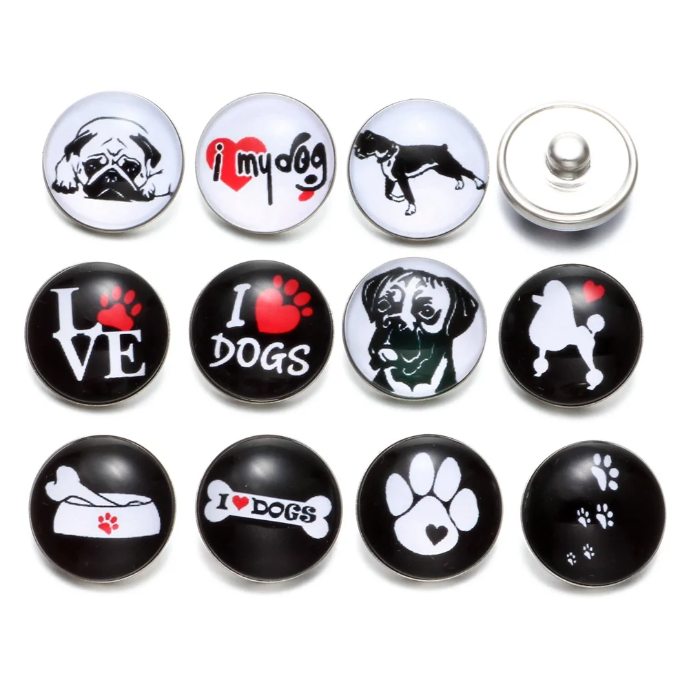 12pcs/lot Multi Theme I Love Dog Pattern 18mm Snap Button Jewelry Glass Charms Fit DIY Bracelet Snaps Jewelry KZ0501