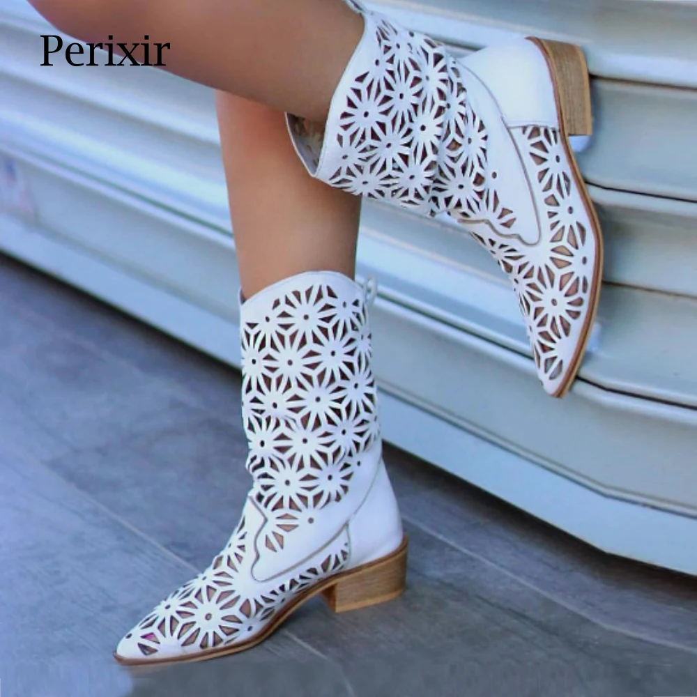 

2019 Spring/Autumn New Hollowed-out Leather Cool Boots Retro Leisure Handmade Roman Women Boots Square Heel Pointed Toe Shoes