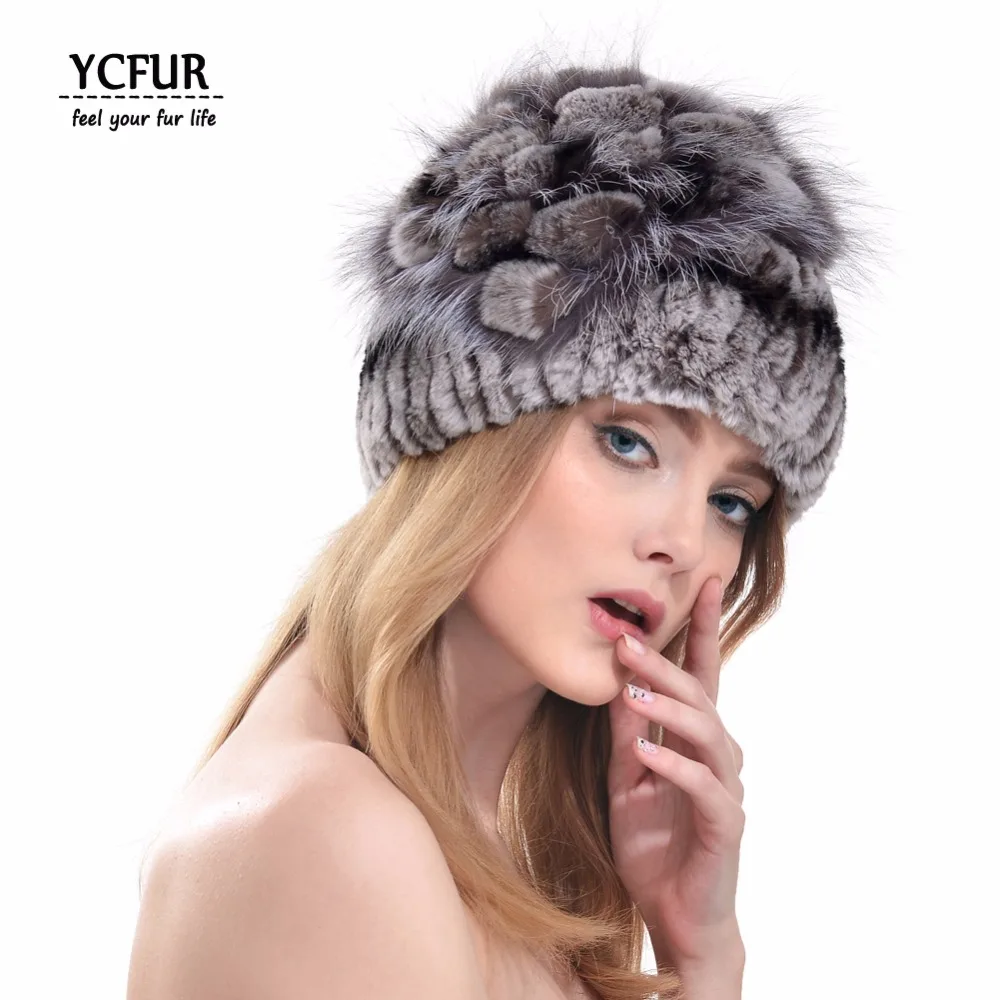 

[YCFUR] Winter Hats Caps Women Sew Strips Rex Rabbit Fur Cap Hat Fox Fur Trims Hats Beanies Female