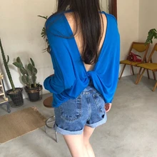 Хлопок, повседневная, плотная, летняя, модная, новая, сексуальная, свободная, открытая, с длинными рукавами, Футболка женская