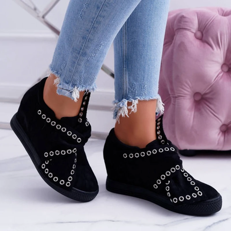 Casual Flat Plus Size Women Sneakers Ladies Suede Bow Tie Slip On Vulcanized Shoes Female Increase in Flats Footwear